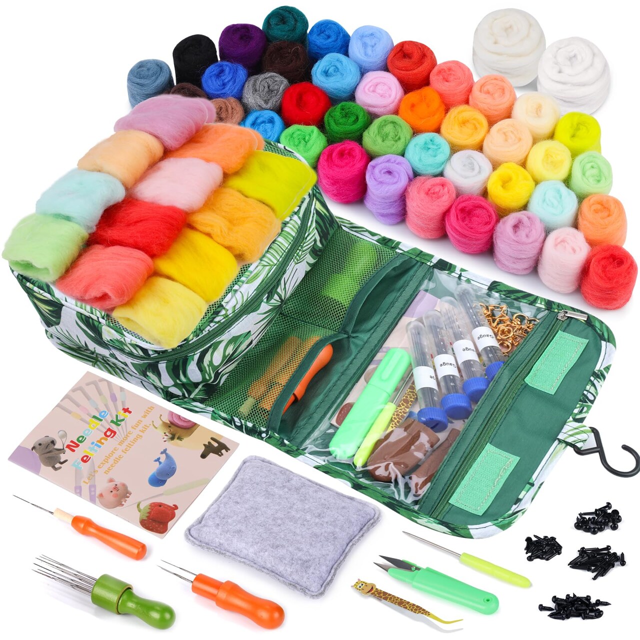 Needle Felting Kit, 42 Colors Wool Roving Starter Kit, Needle Felting Starter Kits, Needle Felting Wool with Felt Tools, Instructions, Green Storage Bag for Felted Animal